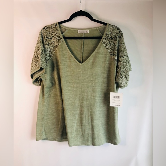 Lace Sleeve T Shirt XL Desert Green V Neck - Picture 1 of 7